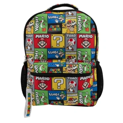 Image of AI ACCESSORY INNOVATIONS Super Mario Brothers Backpack for Kids, 16 School Bag, Allover Character Print Including Mario, Yoshi, Luigi, Toad, Boswer, Gaming Bookbag, Silver, L, 16&quot;