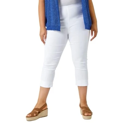 Image of Roman Originals Plus Size Cropped Trousers for Women UK Ladies Curve Capri Leggings Summer Pants Short Crop Stretch 3/4 Length Three Quarter Pedal Pusher Clothes Elasticated White 20