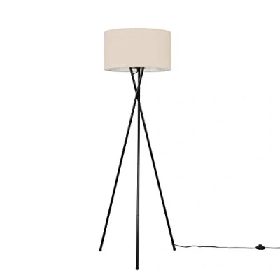 Image of MiniSun Modern Gloss Black Metal Tripod Floor Lamp with a Beige Cylinder Shade