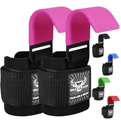 Image of BEAST RAGE Weight Lifting Hooks Wrist Straps Thick Neoprene Padded Rubber Coated Fitness Wraps Non Slip Pull Up Deadlift Grips Training Exercise Gym Workout Men Women (Pink)