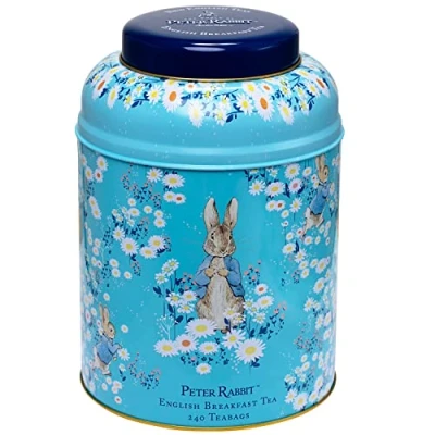 Image of New English Teas Peter Rabbit Tea Caddy with 240 Breakfast Bags in Blue, Beatrix Potter