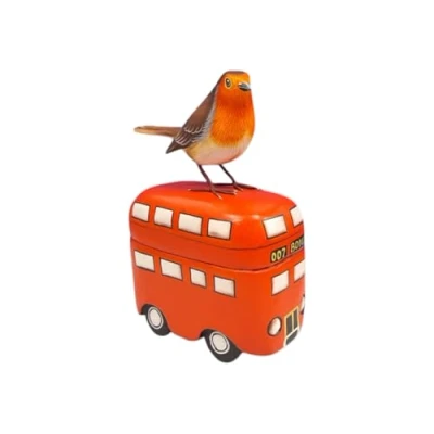 Image of Brave Wings Hand Carved Wooden Robin Red Breast Bird on a Double Decker Bus 20.5cm High Ornament Sculpture Figurine Statue Unique Table Decoration Home Decor 5555