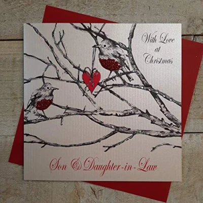 Image of WHITE COTTON CARDS With Love Son &amp; Daughter in Law, Handmade Christmas Card (Robin)