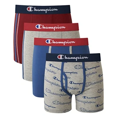 Image of Champion Boys Underwear, Cotton Stretch Boxer Briefs, Moisture Wicking, Assorted 4 Pack, Grey/Red/Navy, M