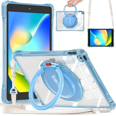 Image of TECHGEAR ExoView Case for Apple iPad 10.2&quot; 2021/2020/2019 [9th/8th/7th Generation] Tough Rugged Slim Shockproof Clear with Stand, 360 Rotating Ring Grip Hand Holder &amp; Shoulder Strap Blue