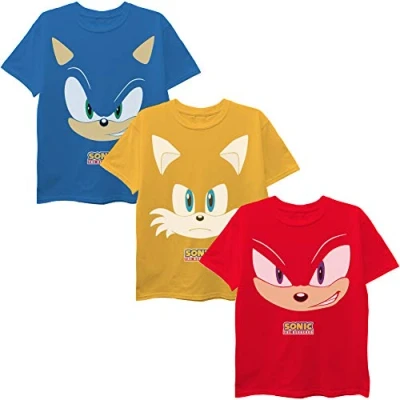 Image of SEGA Big Hedgehog Boys 3 Pack T Shirt Bundle, Sonic, Tails, Knuckles, Gold/Red/Royal Blue, L (12 14)