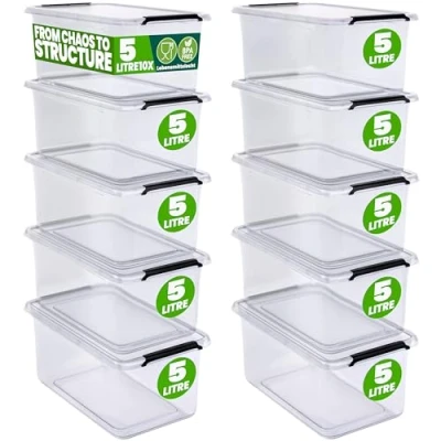 Image of Deuba® 10x 5 Litre Storage Box With Click Closure Secure Lid BPA Free Food Safe Plastic Medium Stackable Transparent Organiser for Kitchen Bedroom Garage Office