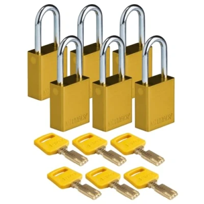 Image of Brady SafeKey Padlock Aluminum 6 pack Lockout with Key Tagout Security Lock for Indoor and Outdoor Use Shackle Height 38.10 mm Keyed Differently Yellow