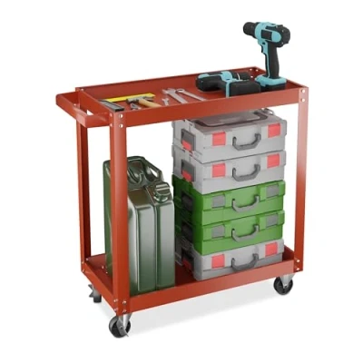Image of Relaxdays Tool Trolley, 2 Tiers, Workshop Cart, up to 100 kg, 76 x 78 35 cm, DIY Equipment, Garage &amp; Mechanic, Red, Iron, Steel, Rubber