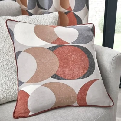 Image of Fusion Spice Orange Retro Vector Circle Cushion (43 x 43cm) 100% Cotton Filling Included Grey Piped Edge in Geometric with Insert Matching Curtains Available