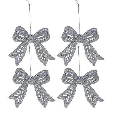 Image of 4 Pack 9cm Glitter Chunky Bows Christmas Tree Decoration Silver