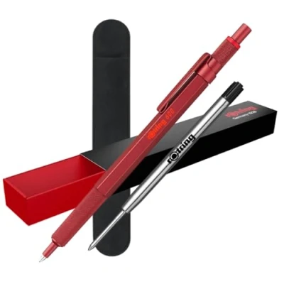 Image of rOtring 600 Ballpoint Pen Medium Point Black Ink Red Barrel Refillable + Velvet Case additional Refill