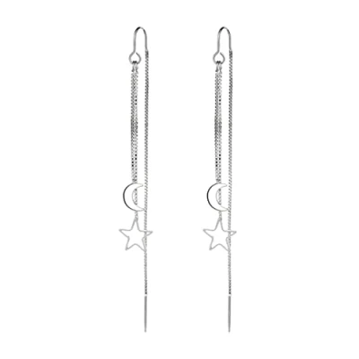 Image of Bramian Star Moon Drop Dangle Earrings Silver Long Chain Threader Pull Through for Women and Girls(1Pair)