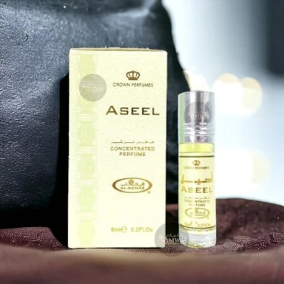 Image of Aseel 6ml Roll on Perfume features red rose, sandalwood, mint, vanilla, caramel, agarwood (oud) and saffron ideal for any occasion. Hafsa Arabian Fragrances Ltd