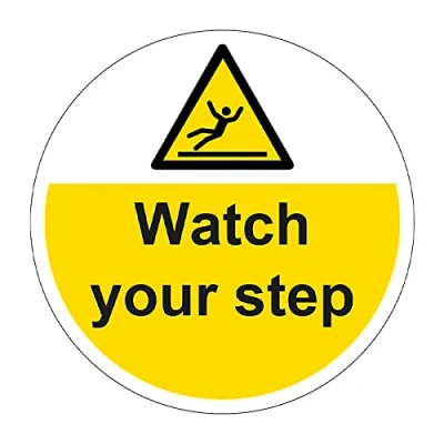 Image of Watch Your Step Floor Sticker, Hard Wearing Non Slip/Abrasive Lamination, R9 Grade For Slip Resistance, High Strength Adhesive Backing, 400mm Diameter