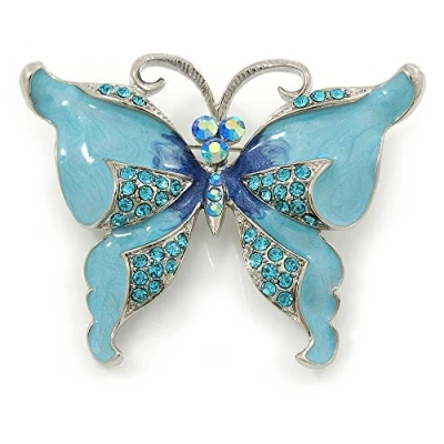 Image of Avalaya Sky Blue Enamel Crystal Butterfly Brooch in Rhodium Plating 50mm W