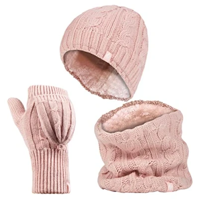 Image of HEAT HOLDERS Ladies thermal winter warm fleece cable knit Hat, Neck Warmer and Converter Gloves set (Dusky Pink)