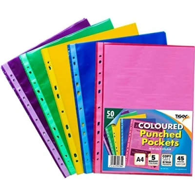 Image of 500 x A4 Coloured Plastic Wallets Clear Strong Punched Ring Binder File Pockets