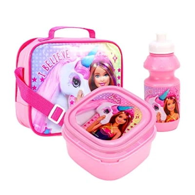 Image of Barbie Magic Unicorn Girls Insulated 3 Piece Lunch Bag, Sandwich Box &amp; Bottle Set for School Travel