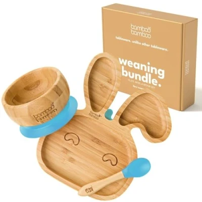Image of Bamboo Baby Plate &amp; Bowl Weaning Set, Suction and for Feeding Weaning, Bunny Plate, Toddler Spoon, Plates Babies from 6 Months (Bunny, Blue)