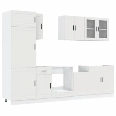 Image of vidaXL Kalmar 8 Piece Kitchen Cabinet Set White Engineered Wood, Ample Storage, Adjustable Feet, Modern Design