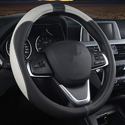 Image of Pahajim Steering Wheel Covers Soft Leather Universal 15 Inch/38CM Car Cover Breathable Anti slip Sport Style, Durable, Comfort for Women Men (black grey)