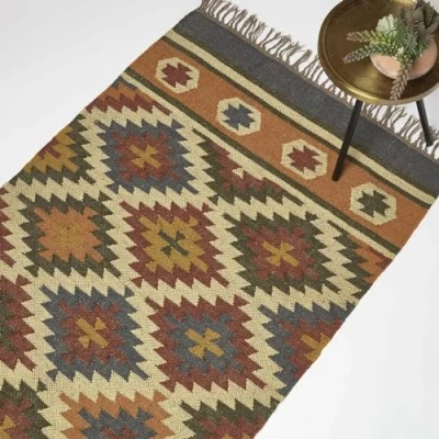 Image of HOMESCAPES Orange &amp; Blue Handwoven Kilim Rug 120 x 170 cm Jute Wool Living Room Area ‘Lucea’ with Traditional Geometric Pattern Tassels