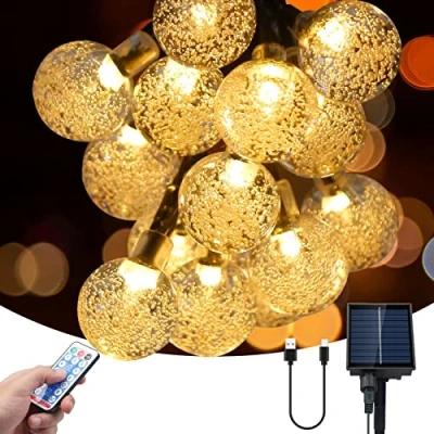 Image of SHENKEY Solar String Lights, 60 LED Crystal Ball Fairy Lights with Remote Control, Solar/USB Powered, Waterproof for Indoor and Outdoor Decorations(Warm White)