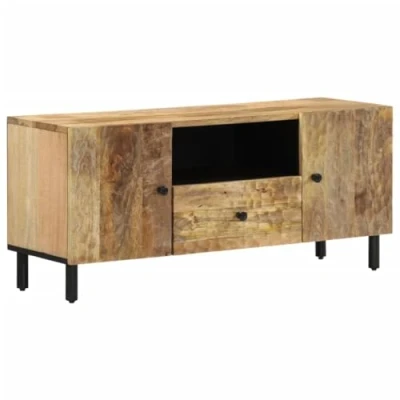 Image of vidaXL Solid Mango Wood TV Cabinet 105x33x46 cm Spacious Retro Media Stand with Iron Legs, Hand Carved Details, Living Room Storage
