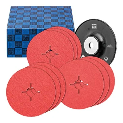 Image of PFERD 64198002 Fibre Discs Set 10 Pieces Ceramic Grain Diameter 125 mm CO Cool 36, 60, 80 with High Performance Backing Plate for Grinding on Stainless Steel 36