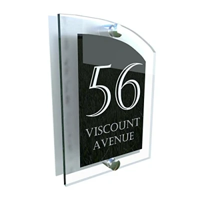 Image of ARCHED ACRYLIC HOUSE SIGN UV PRINTED Genuine Perspex PLAQUE DOOR NUMBER STREET GLASS EFFECT ALUMINIUM NAME ARCA5 24WB S C