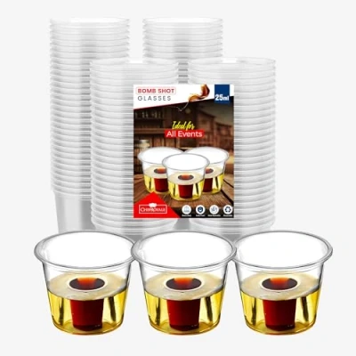 Image of CHEF ROYALE 100 Jager Bomb Shot Glasses Disposable Plastic 25ml Resuable Cups CE Marked Clear Ideal for All Events (100)