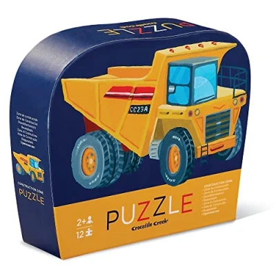 Image of Crocodile Creek Mini Floor Puzzle Construction 12 Large Jigsaw Pieces for Kids Ages 2 Years and up Heavy Duty Box Storage Finished is 9 x
