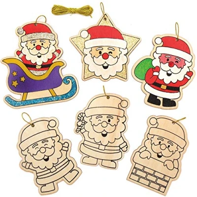 Image of Baker Ross AX420 Jolly Santa Wooden Decorations Pack of 12, Christmas for Kids to Decorate and Display, Ideal Arts Crafts Project , Gold