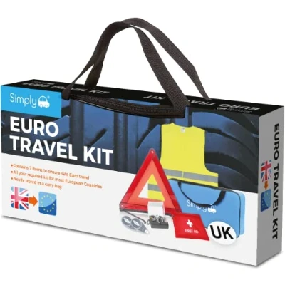 Image of Simply ETK1 Europe Travel Kit. 7 Piece Set includes Warning Triangle, Reflective Vest, Headlight Beam Converters, UK Plate, Bulb Kit and FIRST Aid