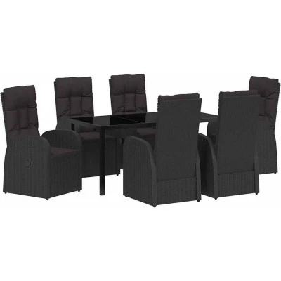 Image of vidaXL 7 Piece Garden Dining Set with Cushions Black Poly Rattan