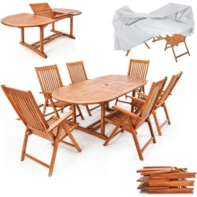 Image of CASARIA® 7 Piece Wooden Garden Dining Furniture Set incl. Weatherproof Cover 6 Folding Chairs with Armrests 200x100cm Table FSC® certified Eucalyptus Wood Parasol Umbrella Hole Brown