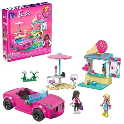 Image of MEGA Barbie Car Building Toys Playset, Convertible and Ice Cream Stand with 225 Pieces, 2 Micro Dolls Accessories, Pink, Gift Ideas for Kids, HPN78