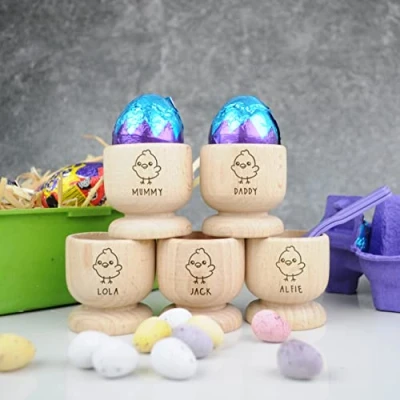 Image of Personalised Egg Cup, Engraved Wooden Easter Gift for Kids, Dippy Holder, Bunny Rabbit, Chick (Pack 5)
