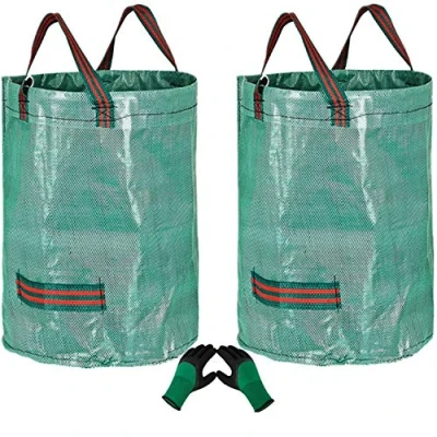 Image of 2Pcs 300L Heavy Duty Large Garden Waste Bags(H84cm,D67cm)&amp;1 Gardening Gloves,Refuse Bags Rubbish Bag Reusable Sacks,Grass Cutting Leaf Sacks with Handles