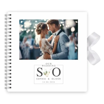 Image of Personalised Photo Wedding Guest Book Keepsakes,Signature Scrapbook, Album Couple 20cm x 20 cm 50 Sheets (Initial Letters, White)