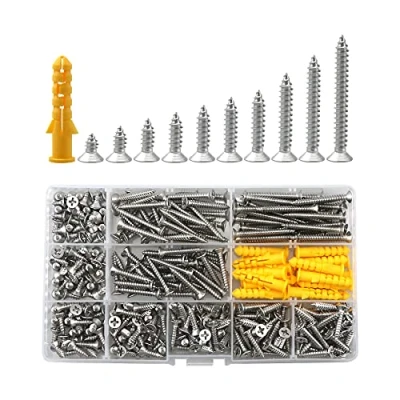 Image of M4 Flat Head Self Tapping Screws,380 Pcs Metal Countersunk Cross Wood Screw,Expansion Wall Plug Assortment Kit,Stainless Steel Drilling Screw(8/10/12/14/16/18/20/25/30/ 35mm) (Silver)