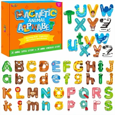 Image of 52 Magnetic Alphabet, 26 Uppercase &amp; Lowercase Letters, Adorable Animal Shape Alphabet ABC Magnets for Fridge Educational Spelling Learning Games Toys Set Kids, Toddlers 3 4 5 Years Old