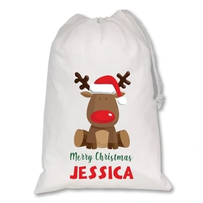 Image of Personalised Christmas Sack Xmas Santa Reindeer White Custom Name Gift Bag for Kids &amp; Adults Festive Large Reusable Holiday Present (Reindeer Red)