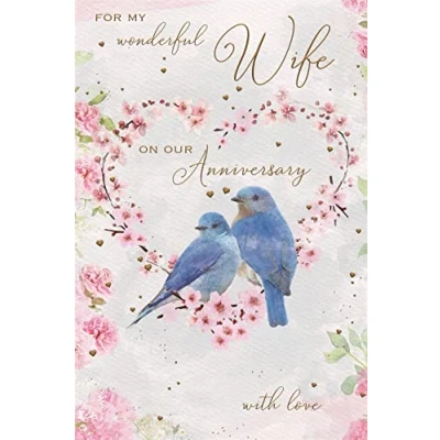 Image of ICG &#039;Wonderful Wife&#039; Anniversary Card Two Birds in Floral Heart with Copper Foil Finish Made England