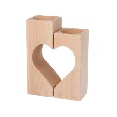 Image of Wooden World Candlestick pair making up shape of Heart Tea Light Holder