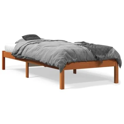 Image of vidaXL Solid Wood Pine Bed Frame with Freestanding Headboard Base Wax Brown, 100x200 cm, Storage Shelves