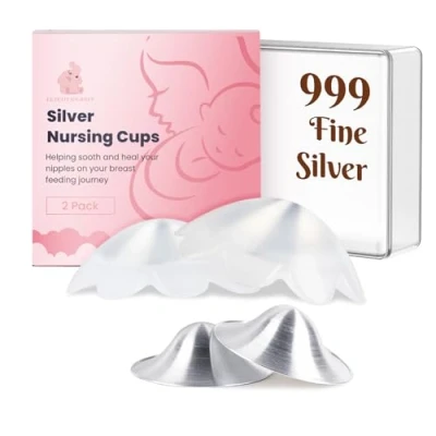 Image of Petit Journey Silver Nursing Cups with Silicone Case, Nipple Covers for Breastfeeding, Shield, 999 Cover Guards, Sooth and Protect Sore Nipples (2 Pack)