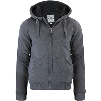 Image of BRAVE SOUL Mens Sherpa Fleece Fur Lined Borg Hoodie Winter Hooded Jacket, Dark Grey 2023, XL
