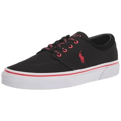 Image of Polo Ralph Lauren Men&#039;s Faxon X Suede Trim Canvas Sneaker, Black/Rl2000 Red, 6 UK